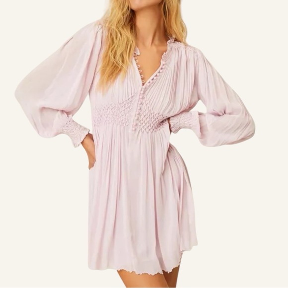 LOVESHACKFANCY Belinda Smocked A-Line Swing Long Sleeve Button-down Mini Dress - Picture 5 of 15